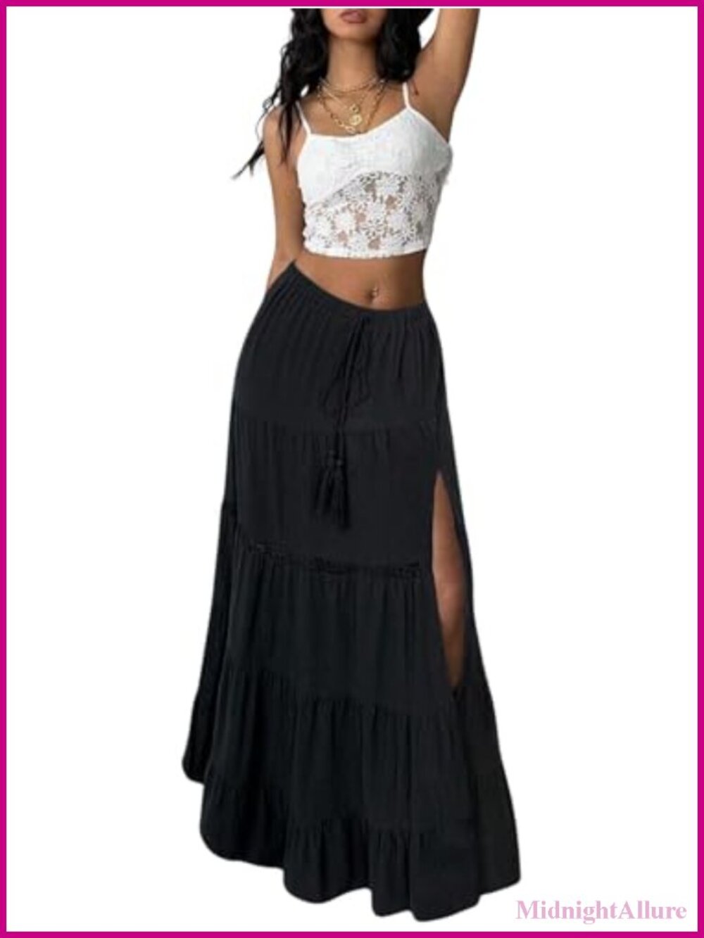 Lace Split Layered Ruffle Maxi Skirt Bohemian Western Cowgirl